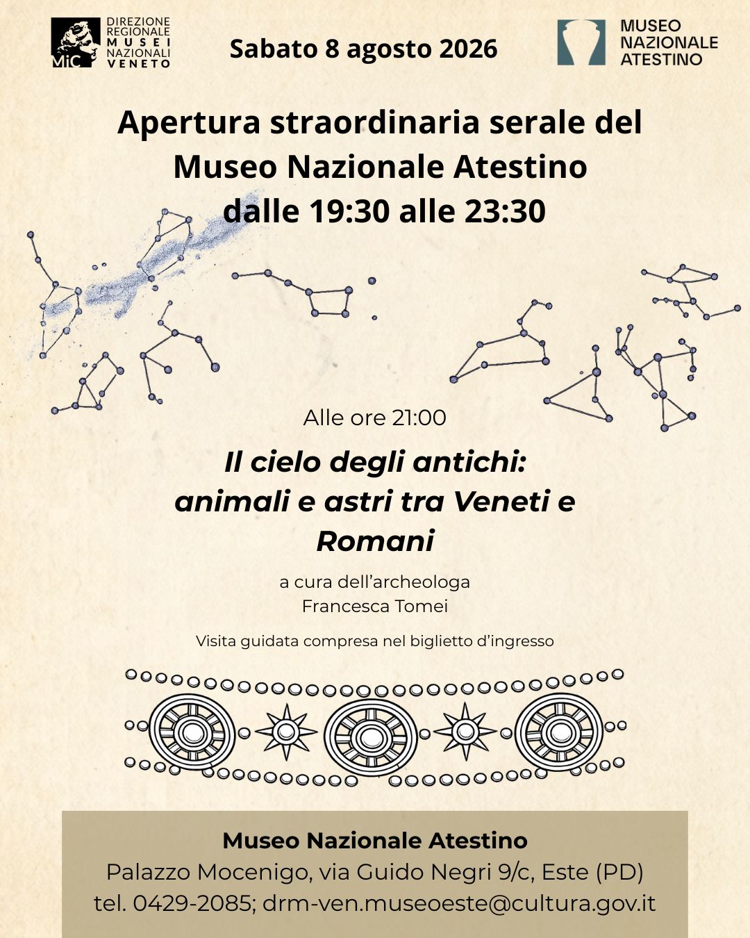 Sabato 8 agosto 2026 - Apertura straordinaria serale del Museo Nazionale Atestino